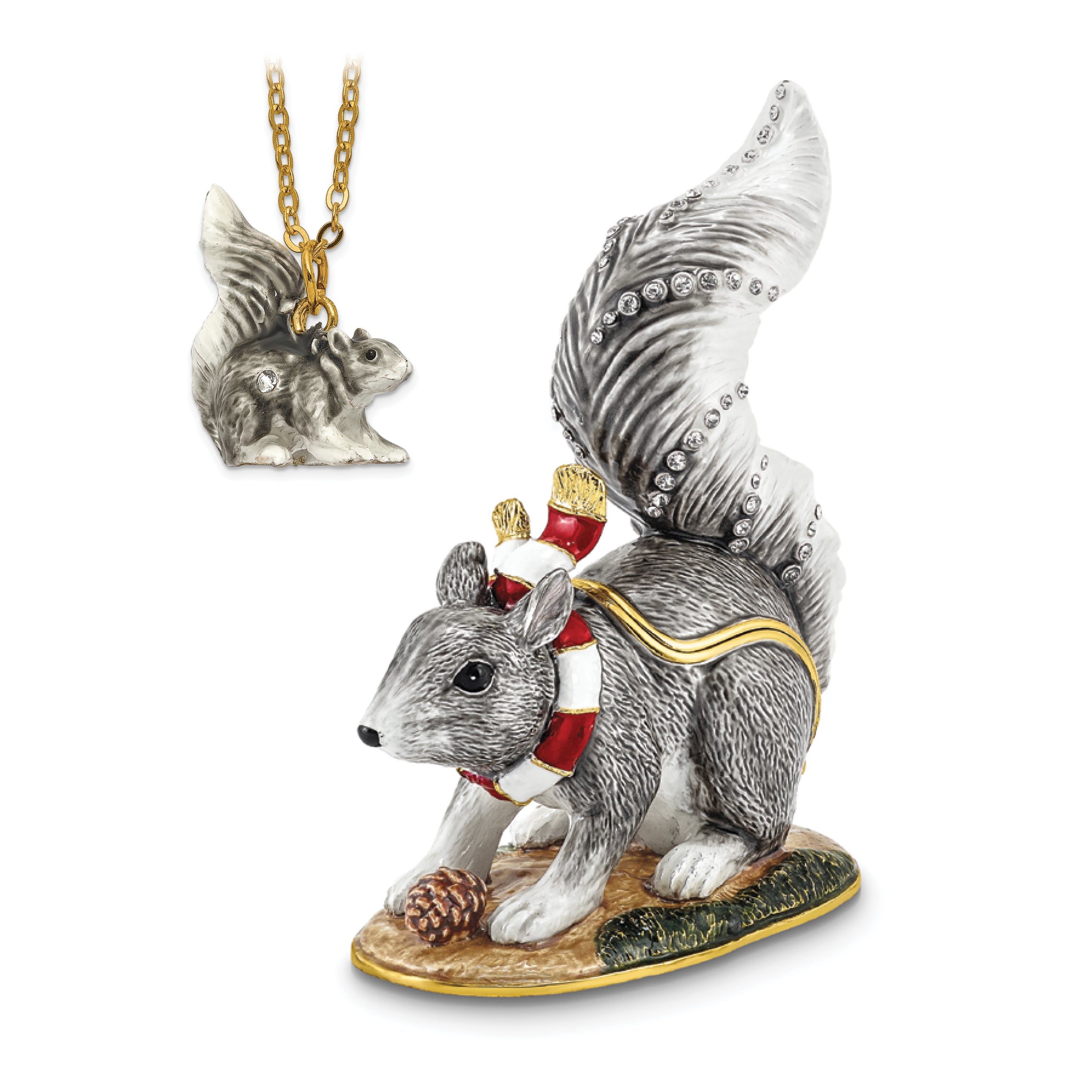 Luxury Giftware Pewter Bejeweled Crystals Gold-tone Enameled MAVERICK Winter Grey Squirrel Trinket Box with Matching 18 Inch Necklace