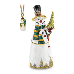 Luxury Giftware Pewter Bejeweled Crystals Gold-tone Enameled FRITZ Friendly Snowman Trinket Box with Matching 18 Inch Necklace