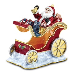 Luxury Giftware Pewter Bejeweled Crystals Gold-tone Enameled CRUISIN' SANTA in Sleigh Trinket Box with Matching 18 Inch Necklace