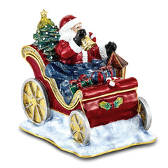 Luxury Giftware Pewter Bejeweled Crystals Gold-tone Enameled CRUISIN' SANTA in Sleigh Trinket Box with Matching 18 Inch Necklace