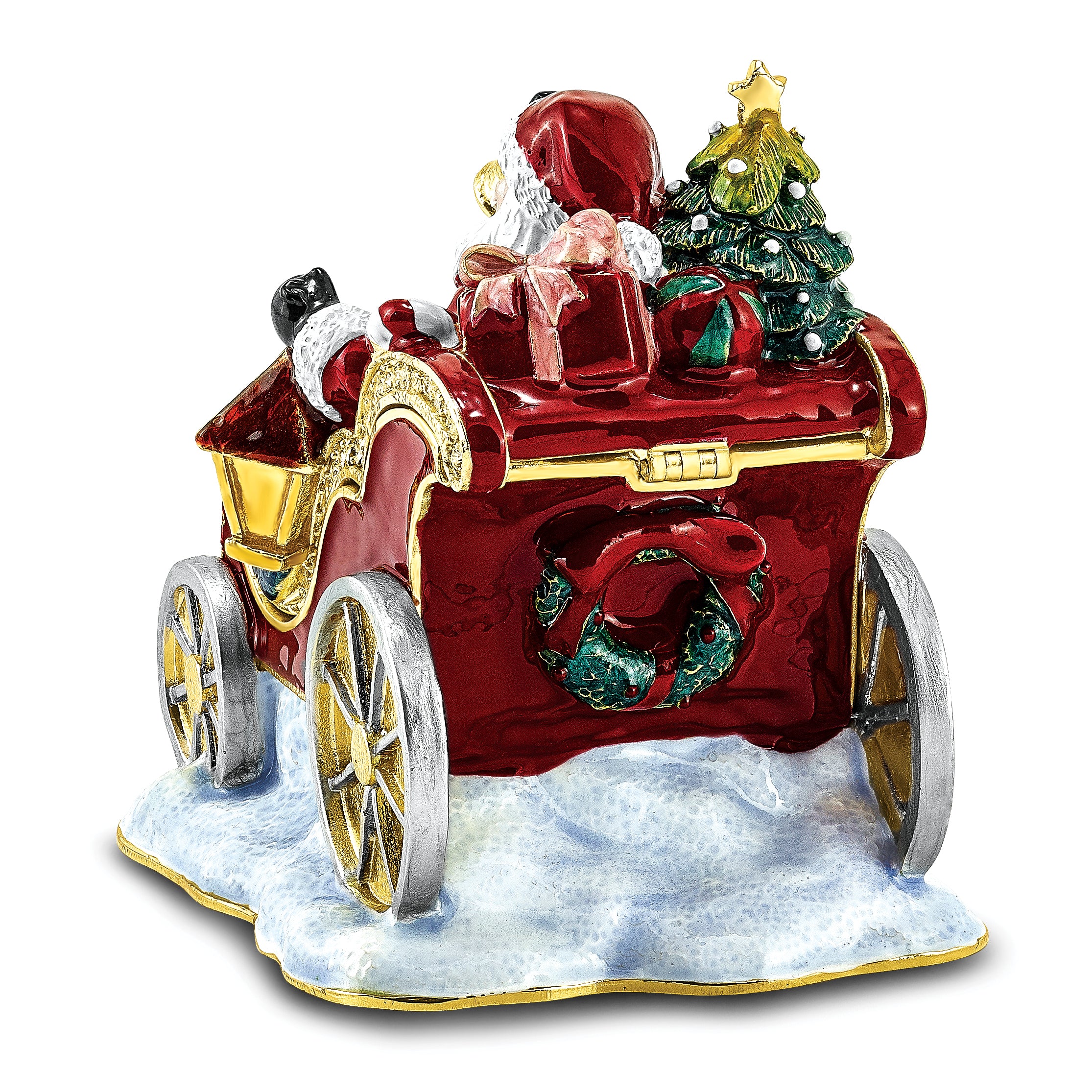 Luxury Giftware Pewter Bejeweled Crystals Gold-tone Enameled CRUISIN' SANTA in Sleigh Trinket Box with Matching 18 Inch Necklace