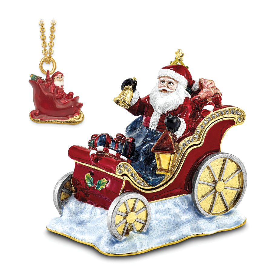 Luxury Giftware Pewter Bejeweled Crystals Gold-tone Enameled CRUISIN' SANTA in Sleigh Trinket Box with Matching 18 Inch Necklace