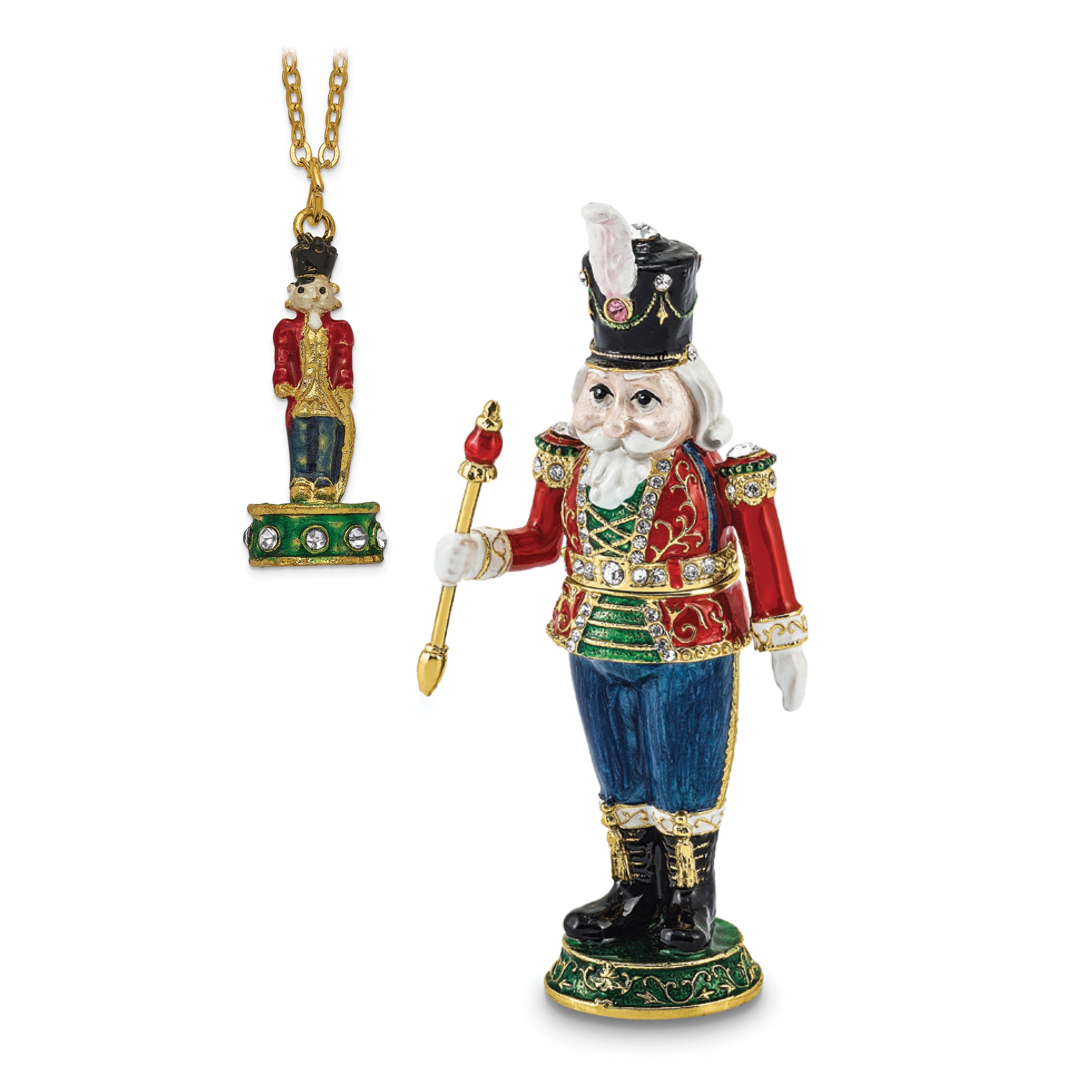 Luxury Giftware Pewter Bejeweled Crystals Gold-tone Enameled TORSTEN Toy Soldier Trinket Box with Matching 18 Inch Necklace