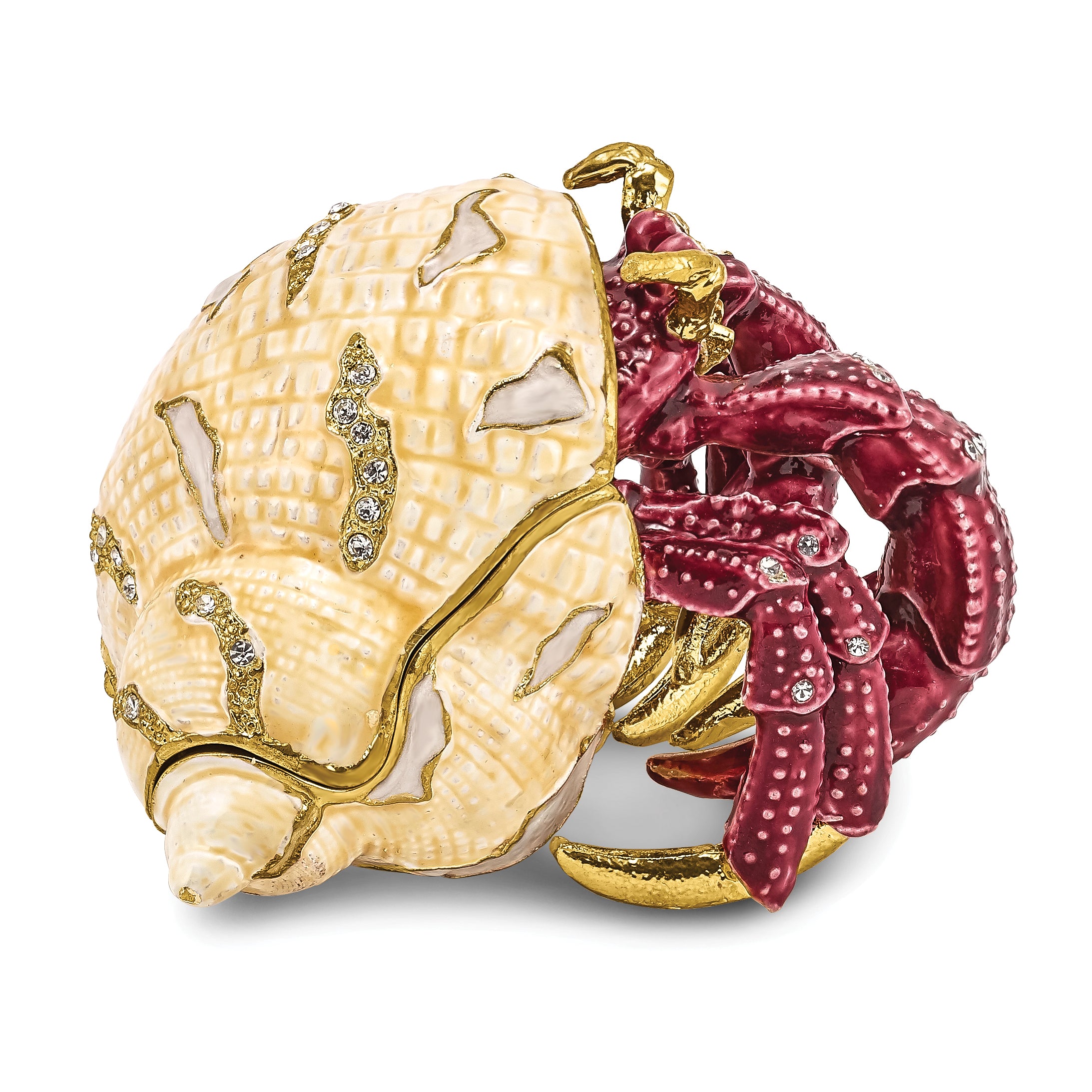 Luxury Giftware Pewter Bejeweled Crystals Gold-tone Enameled HERMAN Red Leg Hermit Crab Trinket Box with Matching 18 Inch Necklace