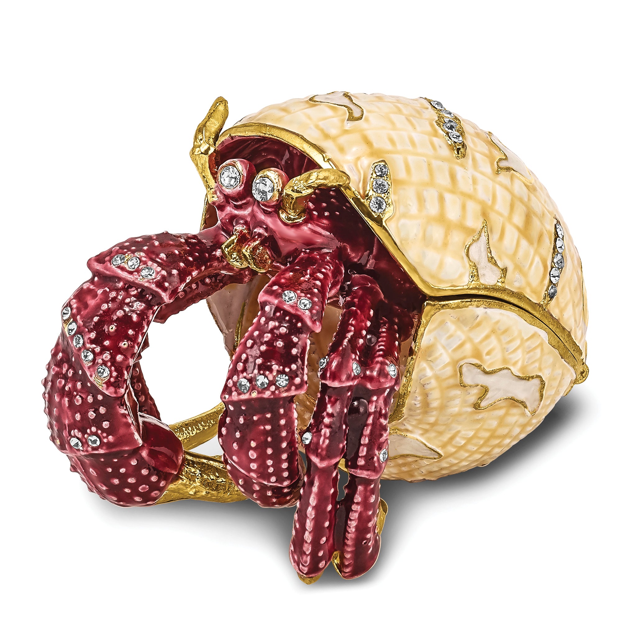 Luxury Giftware Pewter Bejeweled Crystals Gold-tone Enameled HERMAN Red Leg Hermit Crab Trinket Box with Matching 18 Inch Necklace