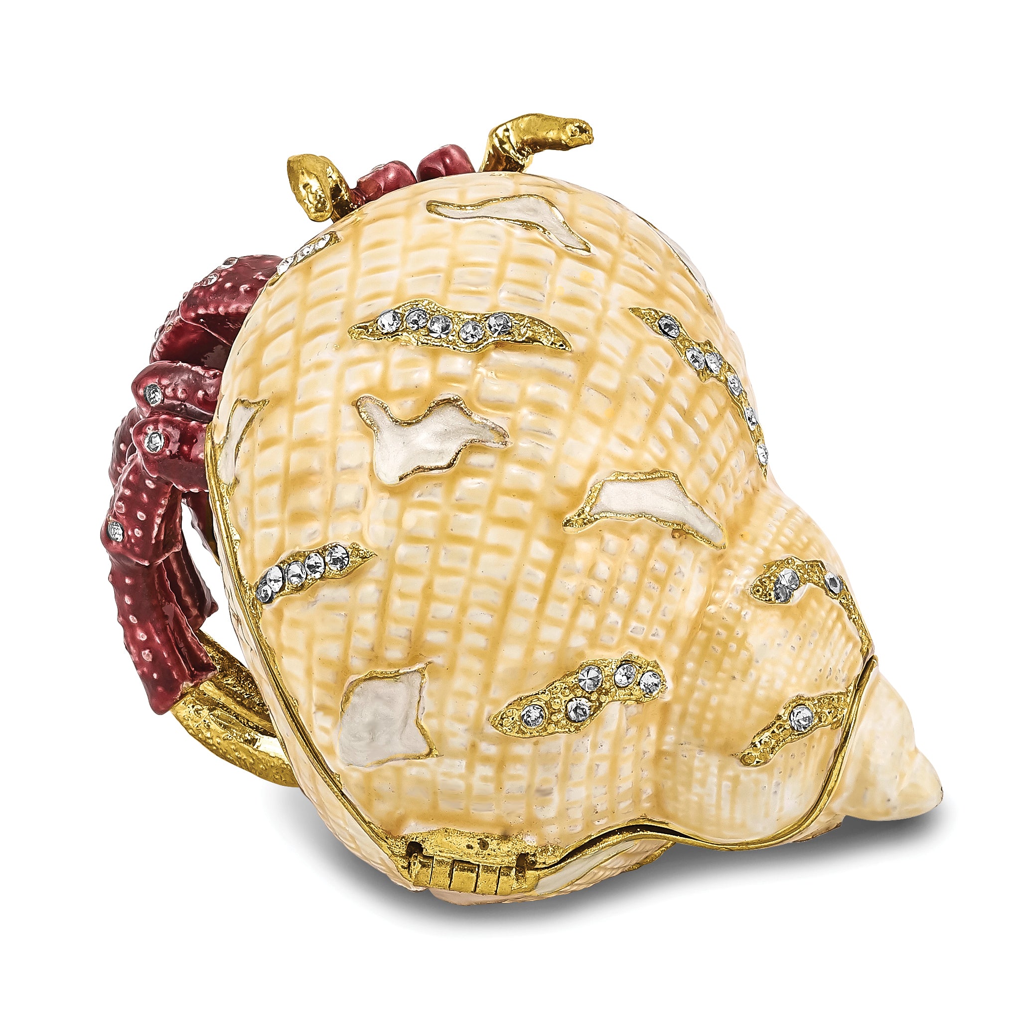 Luxury Giftware Pewter Bejeweled Crystals Gold-tone Enameled HERMAN Red Leg Hermit Crab Trinket Box with Matching 18 Inch Necklace