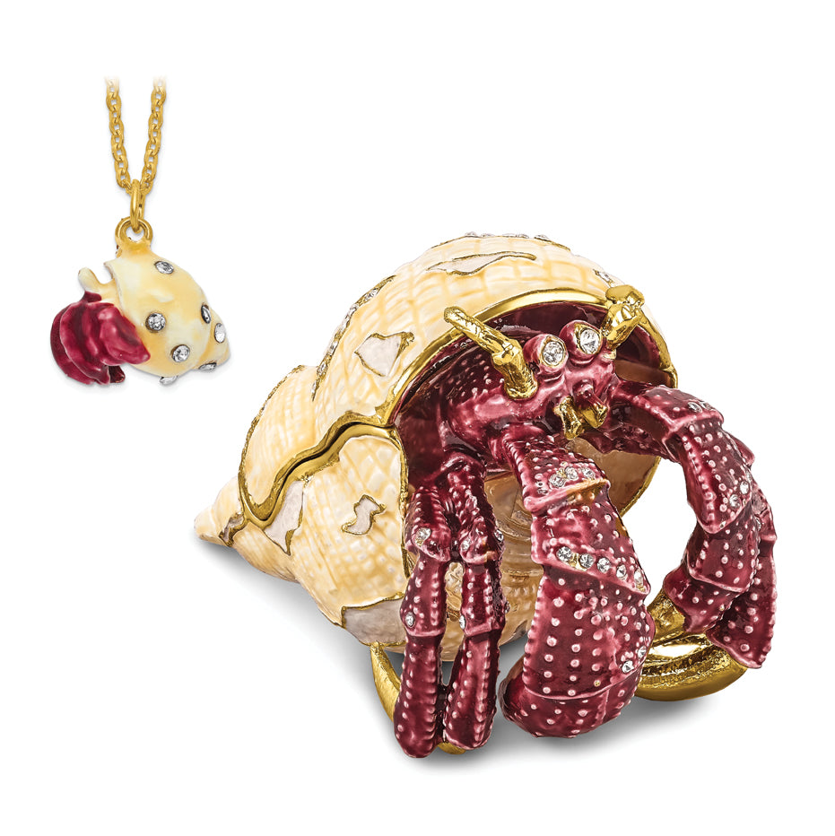 Luxury Giftware Pewter Bejeweled Crystals Gold-tone Enameled HERMAN Red Leg Hermit Crab Trinket Box with Matching 18 Inch Necklace