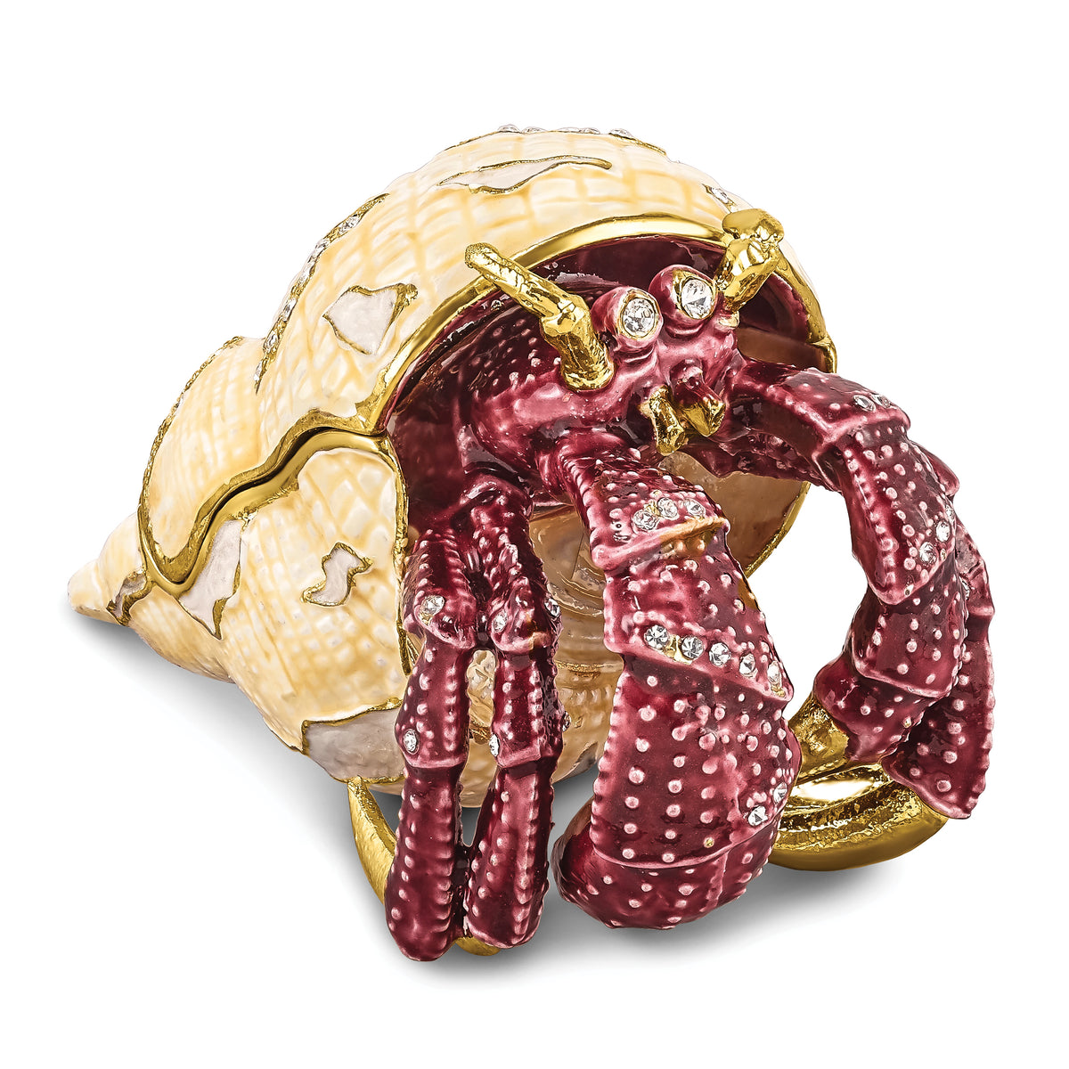 Luxury Giftware Pewter Bejeweled Crystals Gold-tone Enameled HERMAN Red Leg Hermit Crab Trinket Box with Matching 18 Inch Necklace