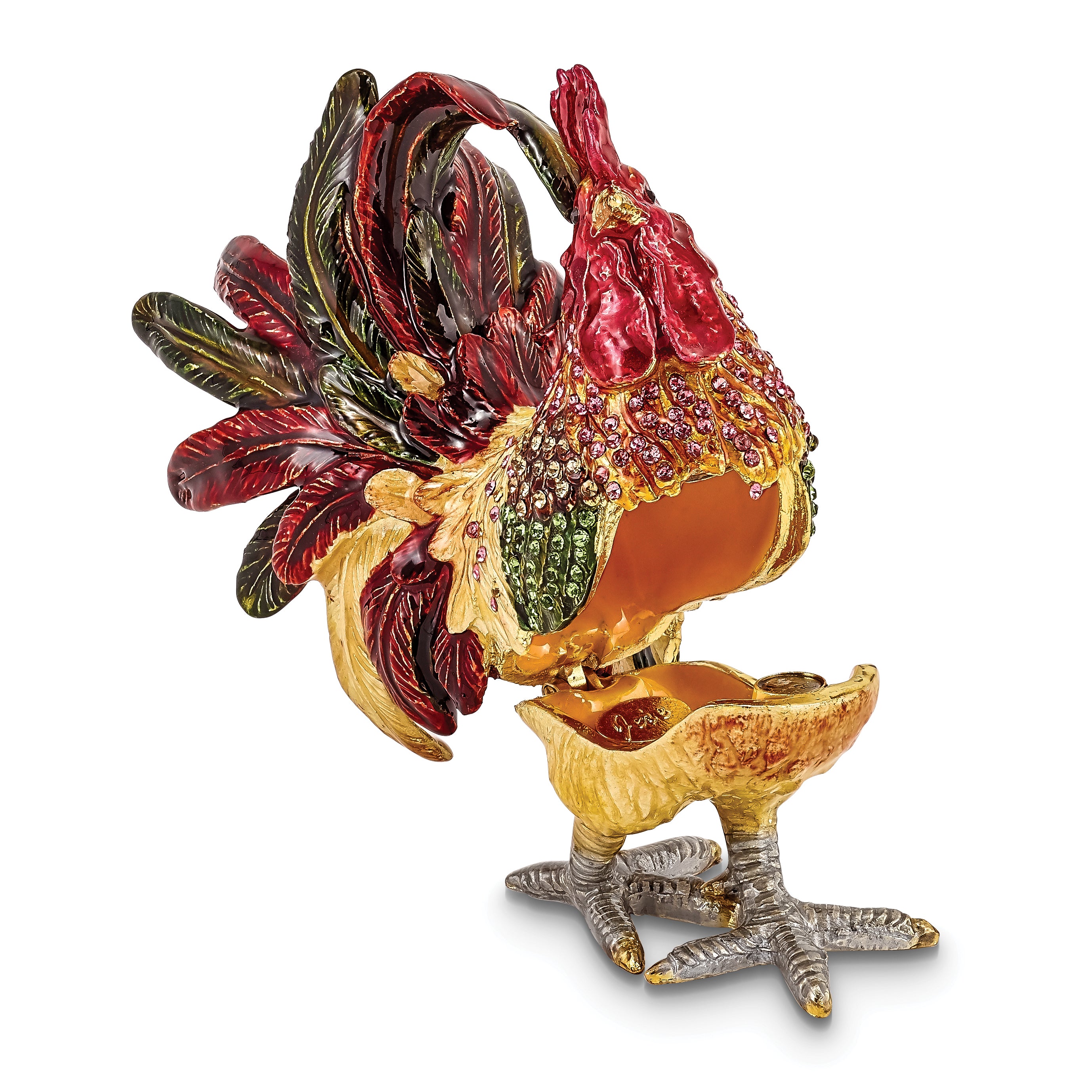 Luxury Giftware Pewter Bejeweled Crystals Gold-tone Enameled RORY Strutting Rooster Trinket Box with Matching 18 Inch Necklace