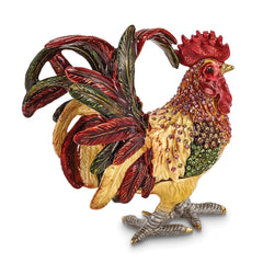 Luxury Giftware Pewter Bejeweled Crystals Gold-tone Enameled RORY Strutting Rooster Trinket Box with Matching 18 Inch Necklace