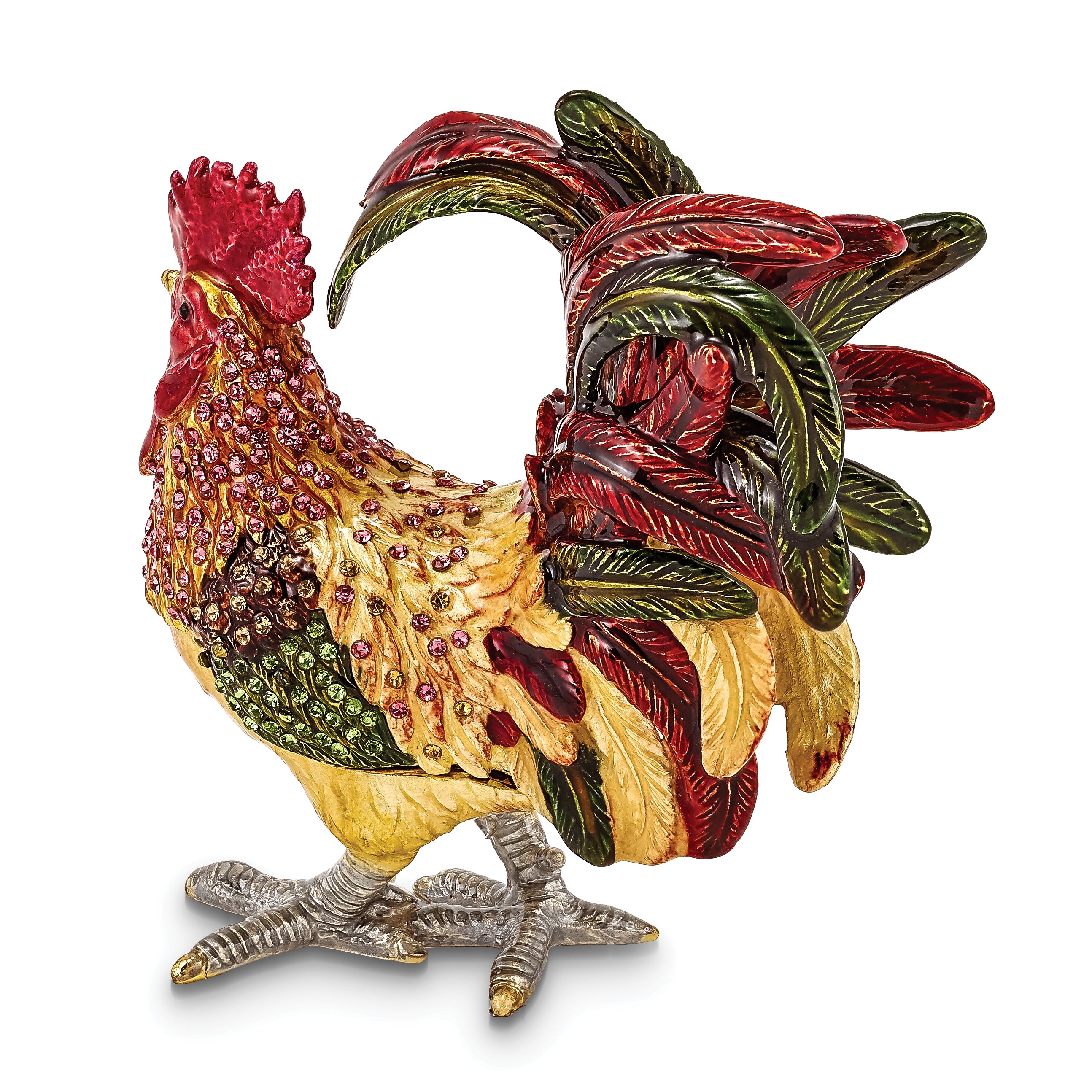 Luxury Giftware Pewter Bejeweled Crystals Gold-tone Enameled RORY Strutting Rooster Trinket Box with Matching 18 Inch Necklace