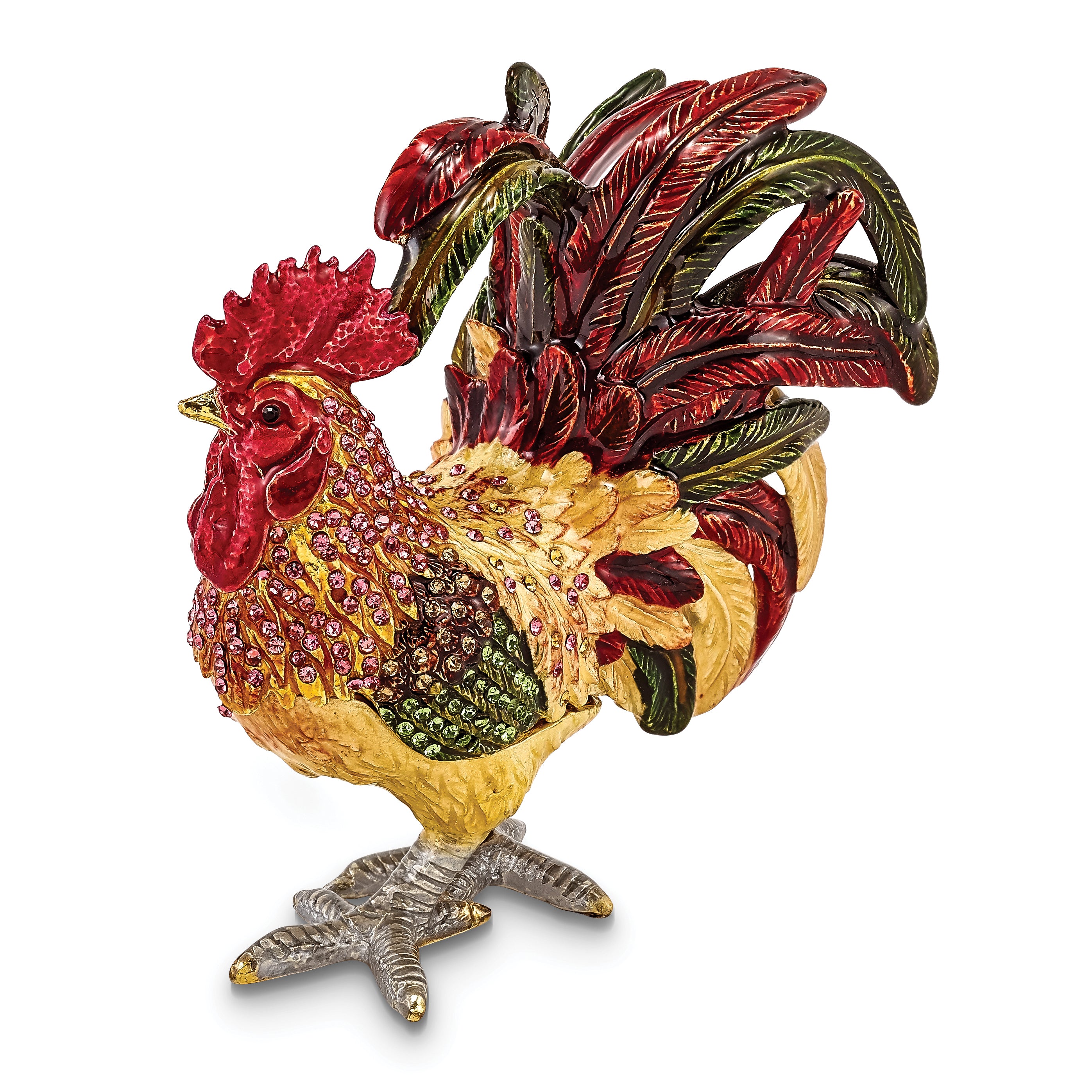 Luxury Giftware Pewter Bejeweled Crystals Gold-tone Enameled RORY Strutting Rooster Trinket Box with Matching 18 Inch Necklace