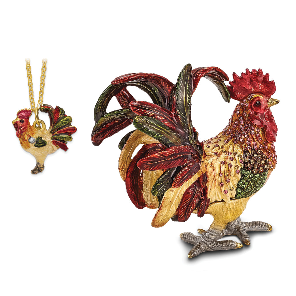 Luxury Giftware Pewter Bejeweled Crystals Gold-tone Enameled RORY Strutting Rooster Trinket Box with Matching 18 Inch Necklace