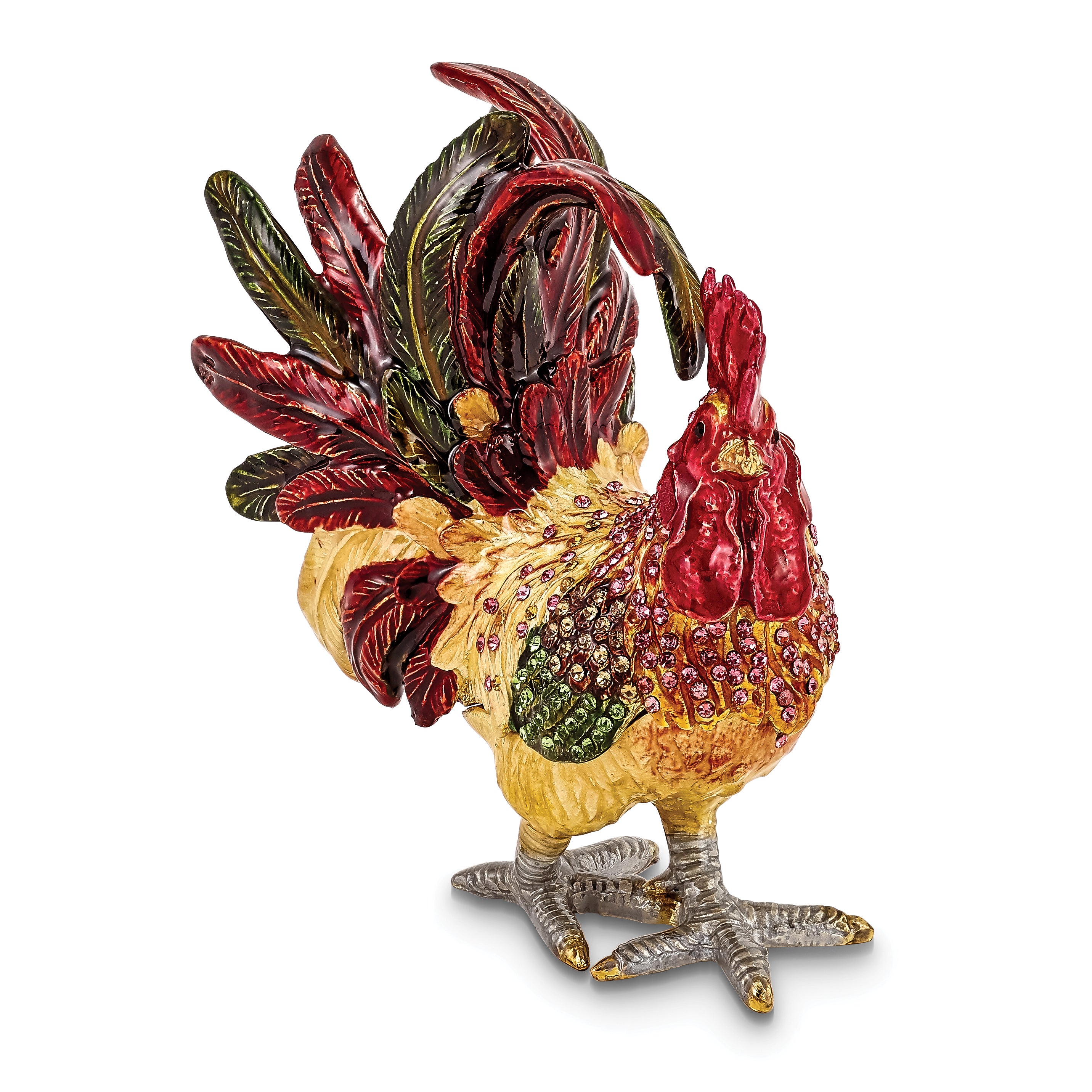 Luxury Giftware Pewter Bejeweled Crystals Gold-tone Enameled RORY Strutting Rooster Trinket Box with Matching 18 Inch Necklace