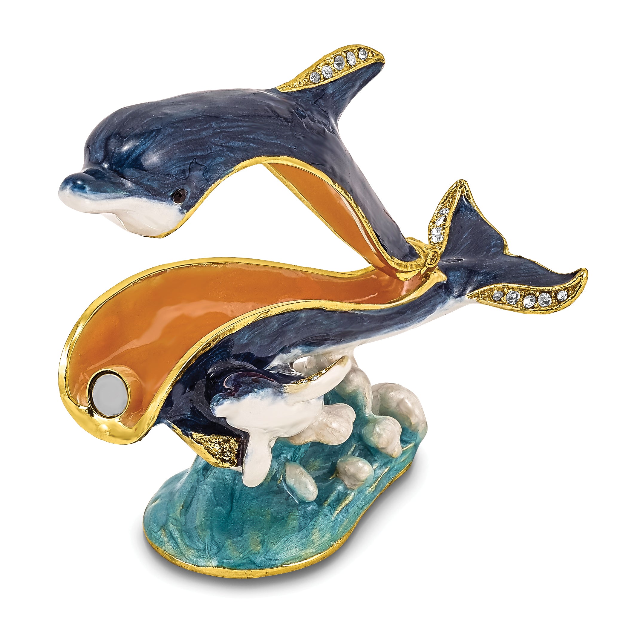 Luxury Giftware Pewter Bejeweled Crystals Gold-tone Enameled DOLLY & DYLAN Blue Dolphin & Baby Trinket Box with Matching 18 Inch Necklace