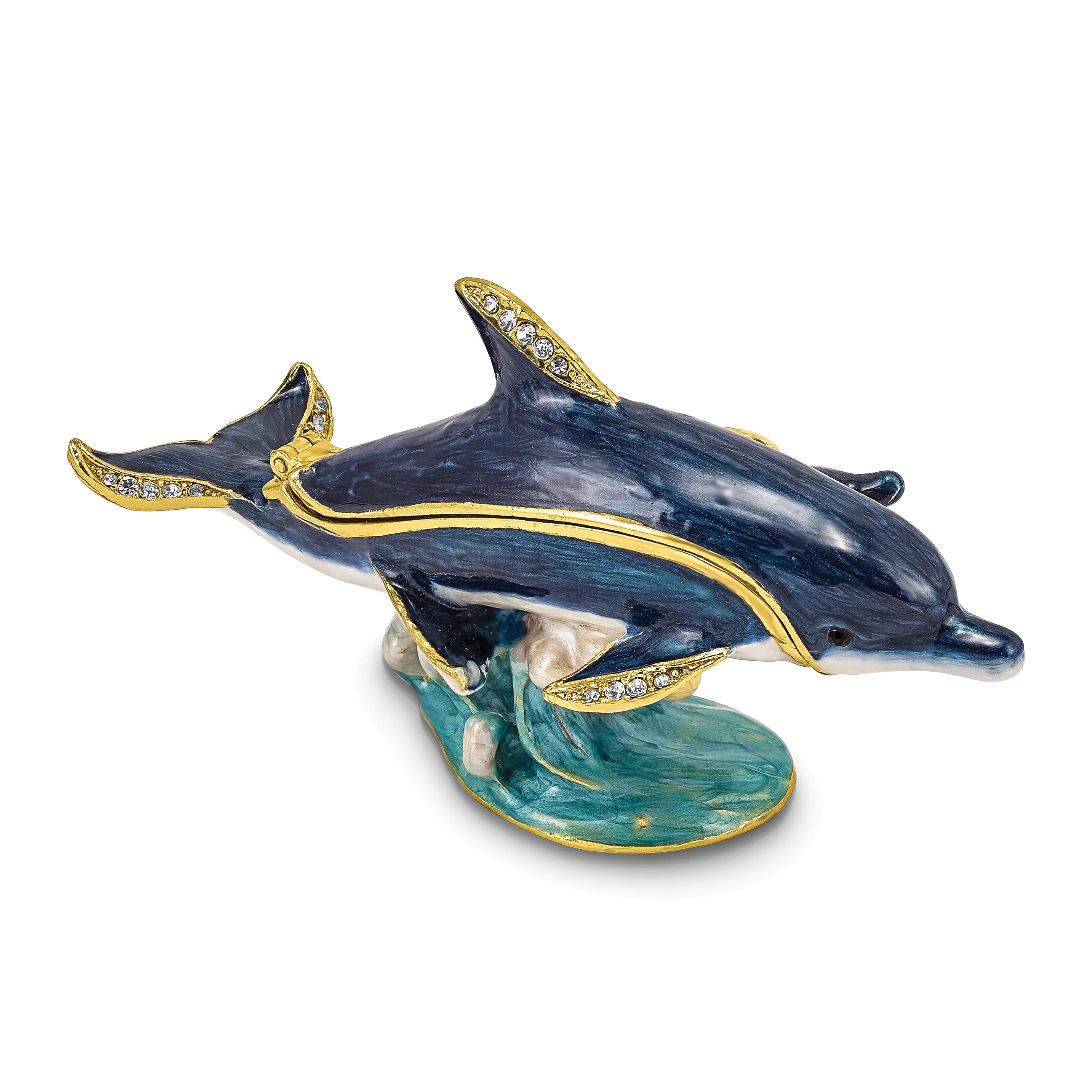 Luxury Giftware Pewter Bejeweled Crystals Gold-tone Enameled DOLLY & DYLAN Blue Dolphin & Baby Trinket Box with Matching 18 Inch Necklace