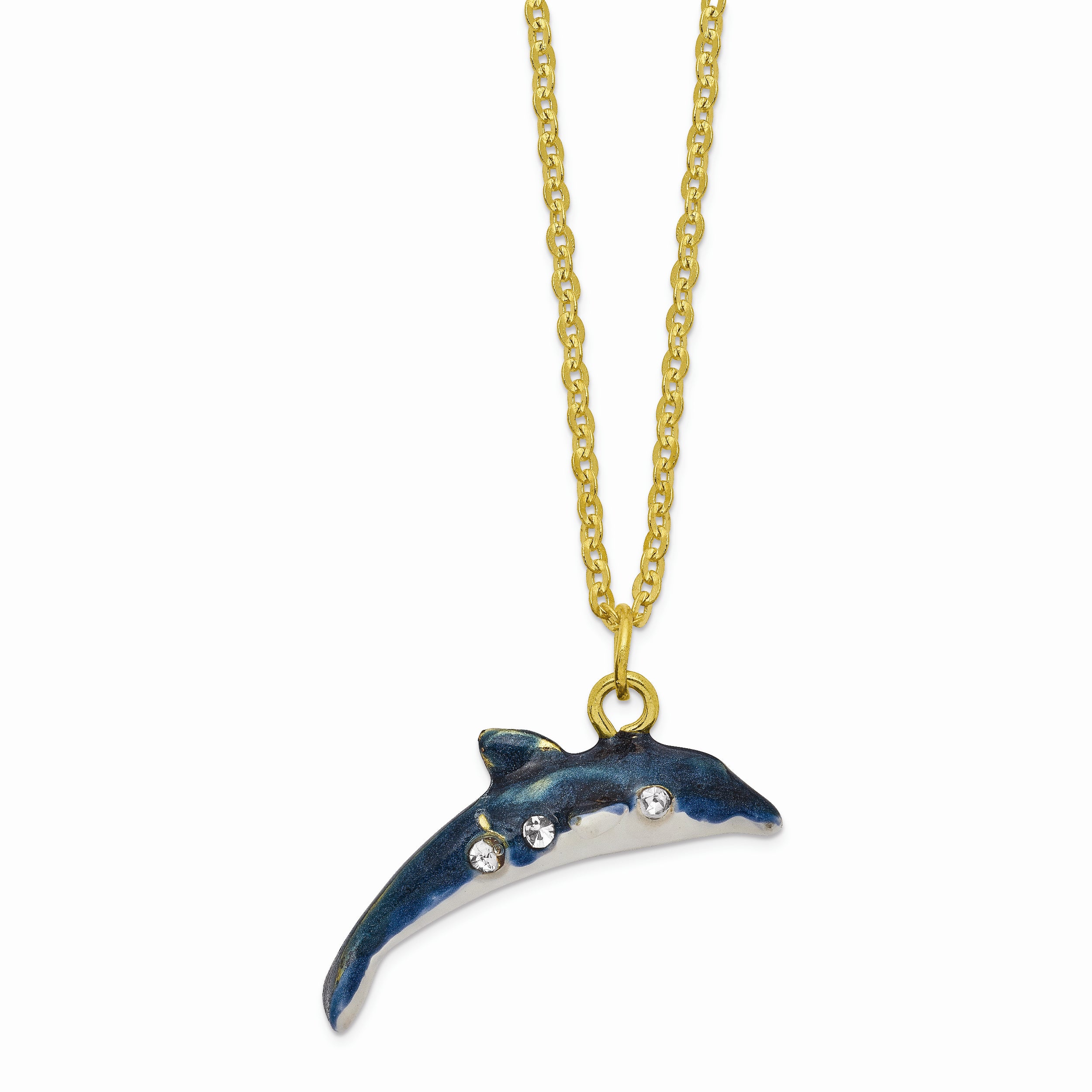 Luxury Giftware Pewter Bejeweled Crystals Gold-tone Enameled DOLLY & DYLAN Blue Dolphin & Baby Trinket Box with Matching 18 Inch Necklace