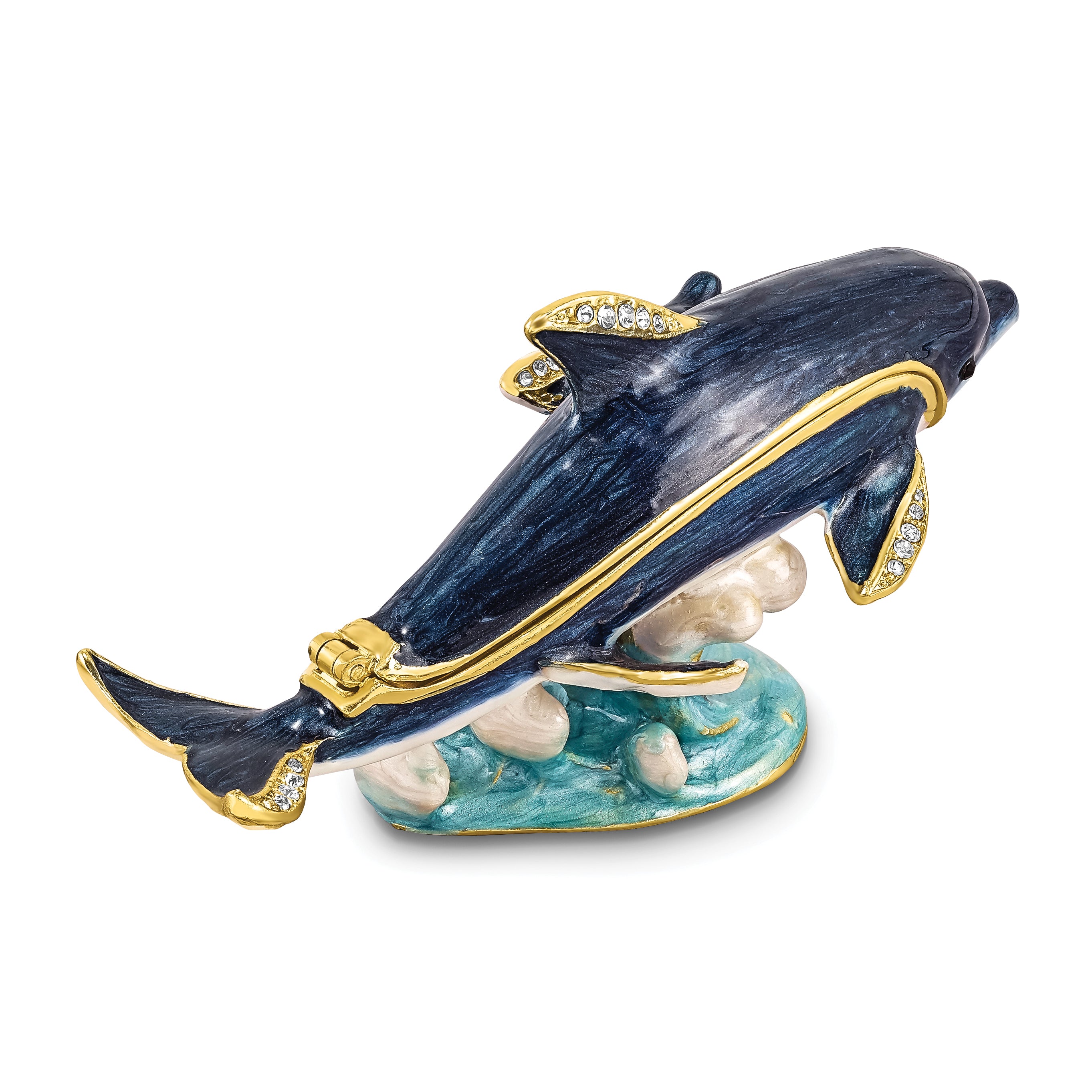 Luxury Giftware Pewter Bejeweled Crystals Gold-tone Enameled DOLLY & DYLAN Blue Dolphin & Baby Trinket Box with Matching 18 Inch Necklace