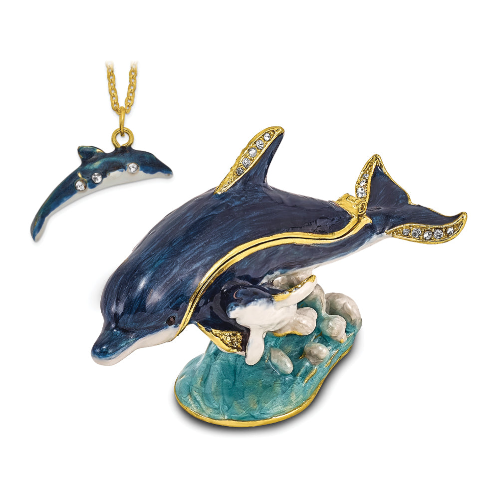 Luxury Giftware Pewter Bejeweled Crystals Gold-tone Enameled DOLLY & DYLAN Blue Dolphin & Baby Trinket Box with Matching 18 Inch Necklace