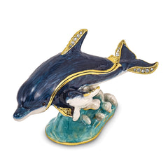 Luxury Giftware Pewter Bejeweled Crystals Gold-tone Enameled DOLLY & DYLAN Blue Dolphin & Baby Trinket Box with Matching 18 Inch Necklace