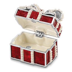 Luxury Giftware Pewter Bejeweled Imitation Pearls and Crystals Silver-tone Enameled EXCITEMENT Faux Pearl Red Gift Box Trinket Box with Matching 18 Inch Necklace