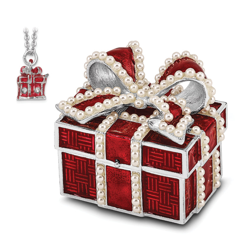 Luxury Giftware Pewter Bejeweled Imitation Pearls and Crystals Silver-tone Enameled EXCITEMENT Faux Pearl Red Gift Box Trinket Box with Matching 18 Inch Necklace