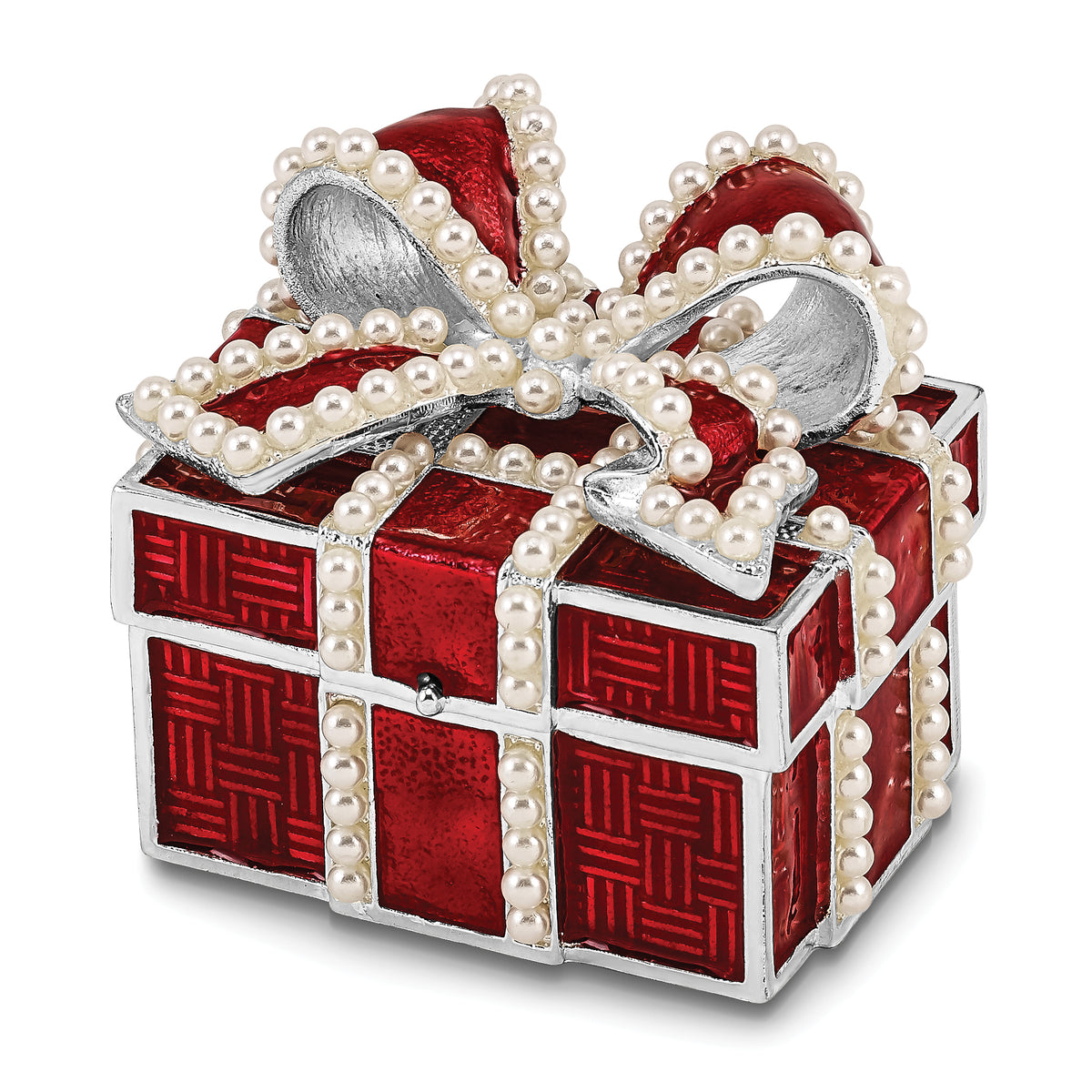 Luxury Giftware Pewter Bejeweled Imitation Pearls and Crystals Silver-tone Enameled EXCITEMENT Faux Pearl Red Gift Box Trinket Box with Matching 18 Inch Necklace