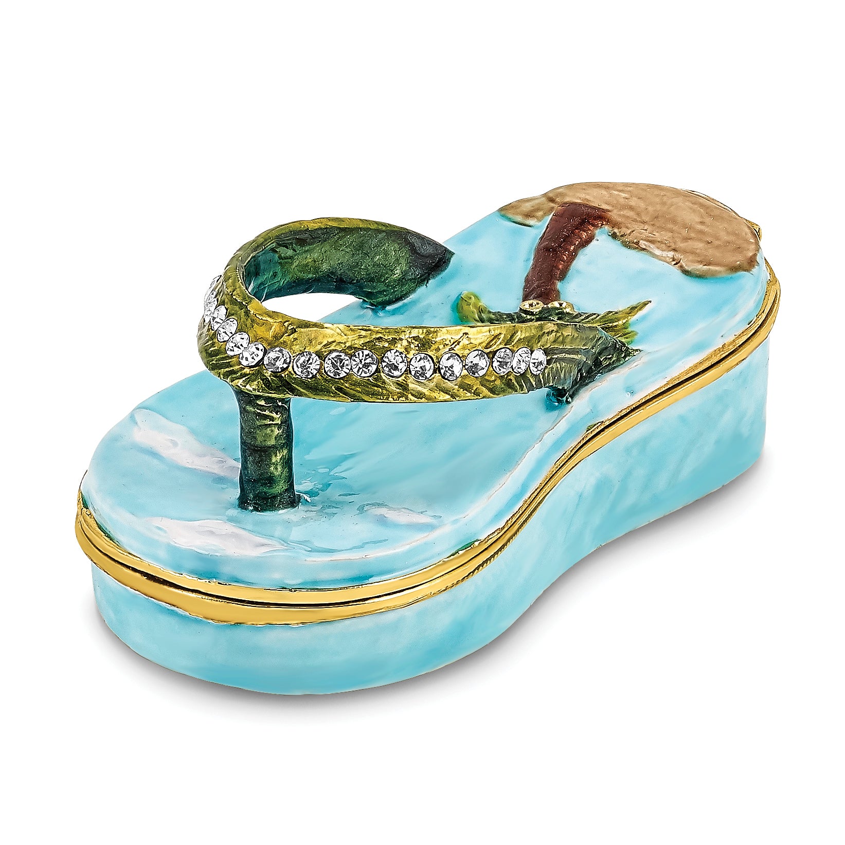 Luxury Giftware Pewter Bejeweled Crystals Gold-tone Enameled SANDY TOES Sandal w/Palm Tree Trinket Box with Matching 18 Inch Necklace