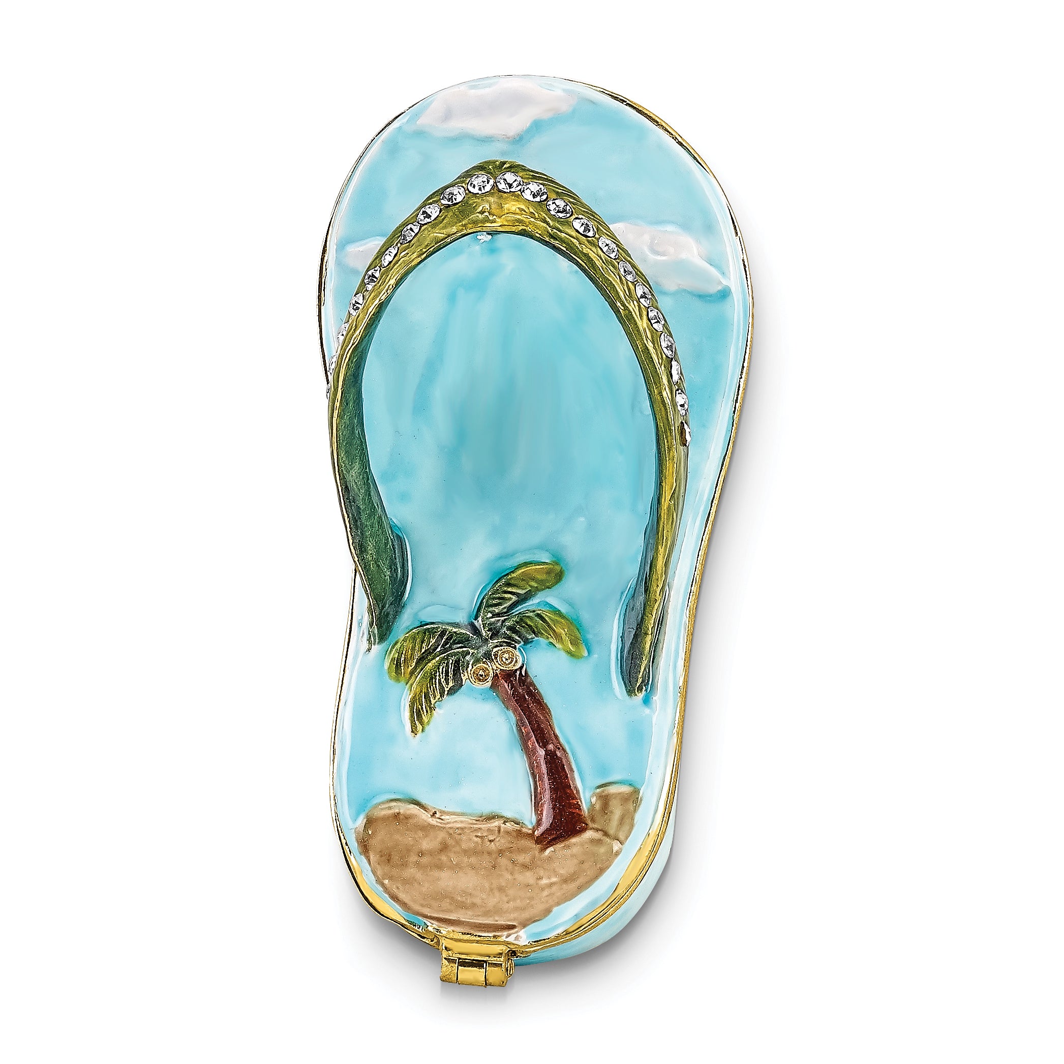 Luxury Giftware Pewter Bejeweled Crystals Gold-tone Enameled SANDY TOES Sandal w/Palm Tree Trinket Box with Matching 18 Inch Necklace