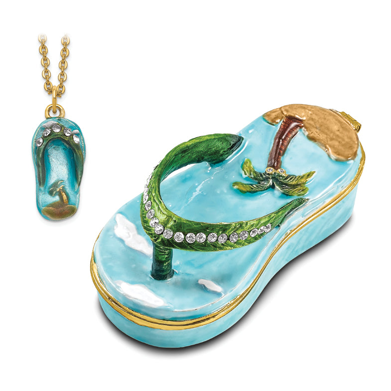 Luxury Giftware Pewter Bejeweled Crystals Gold-tone Enameled SANDY TOES Sandal w/Palm Tree Trinket Box with Matching 18 Inch Necklace