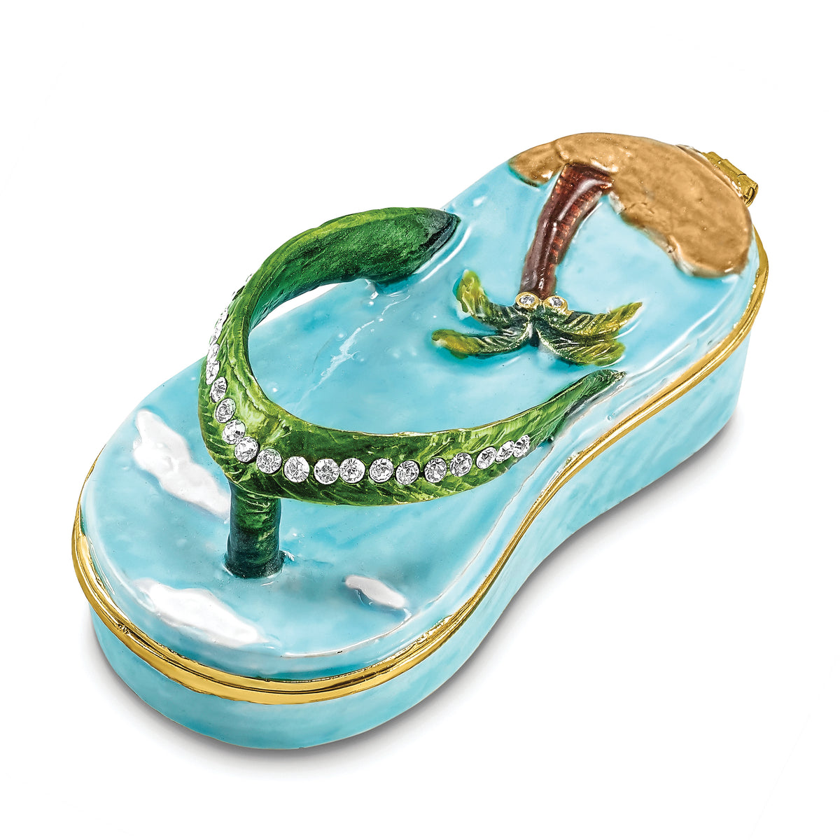 Luxury Giftware Pewter Bejeweled Crystals Gold-tone Enameled SANDY TOES Sandal w/Palm Tree Trinket Box with Matching 18 Inch Necklace