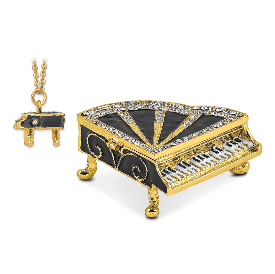 Luxury Giftware Pewter Bejeweled Crystals Gold-tone Enameled SERENADE Grand Piano Trinket Box with Matching 18 Inch Necklace