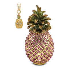 Luxury Giftware Pewter Bejeweled Crystals Gold-tone Enameled FRIENDSHIP & HOSPITALITY Pink Pineapple Trinket Box with Matching 18 Inch Necklace