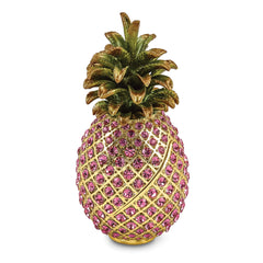 Luxury Giftware Pewter Bejeweled Crystals Gold-tone Enameled FRIENDSHIP & HOSPITALITY Pink Pineapple Trinket Box with Matching 18 Inch Necklace