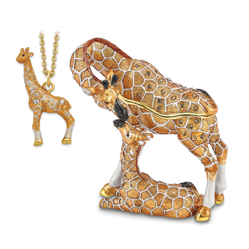 Luxury Giftware Pewter Bejeweled Crystals Gold-tone Enameled JASMIN & JASPER Mother & Baby Giraffes Trinket Box with Matching 18 Inch Necklace