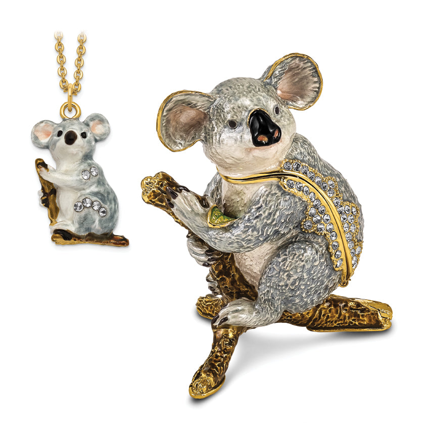 Luxury Giftware Pewter Bejeweled Crystals Gold-tone Enameled KYLE Koala Trinket Box with Matching 18 Inch Necklace