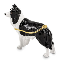 Luxury Giftware Pewter Bejeweled Crystals Gold-tone Enameled BRUNO Border Collie Trinket Box with Matching 18 Inch Necklace