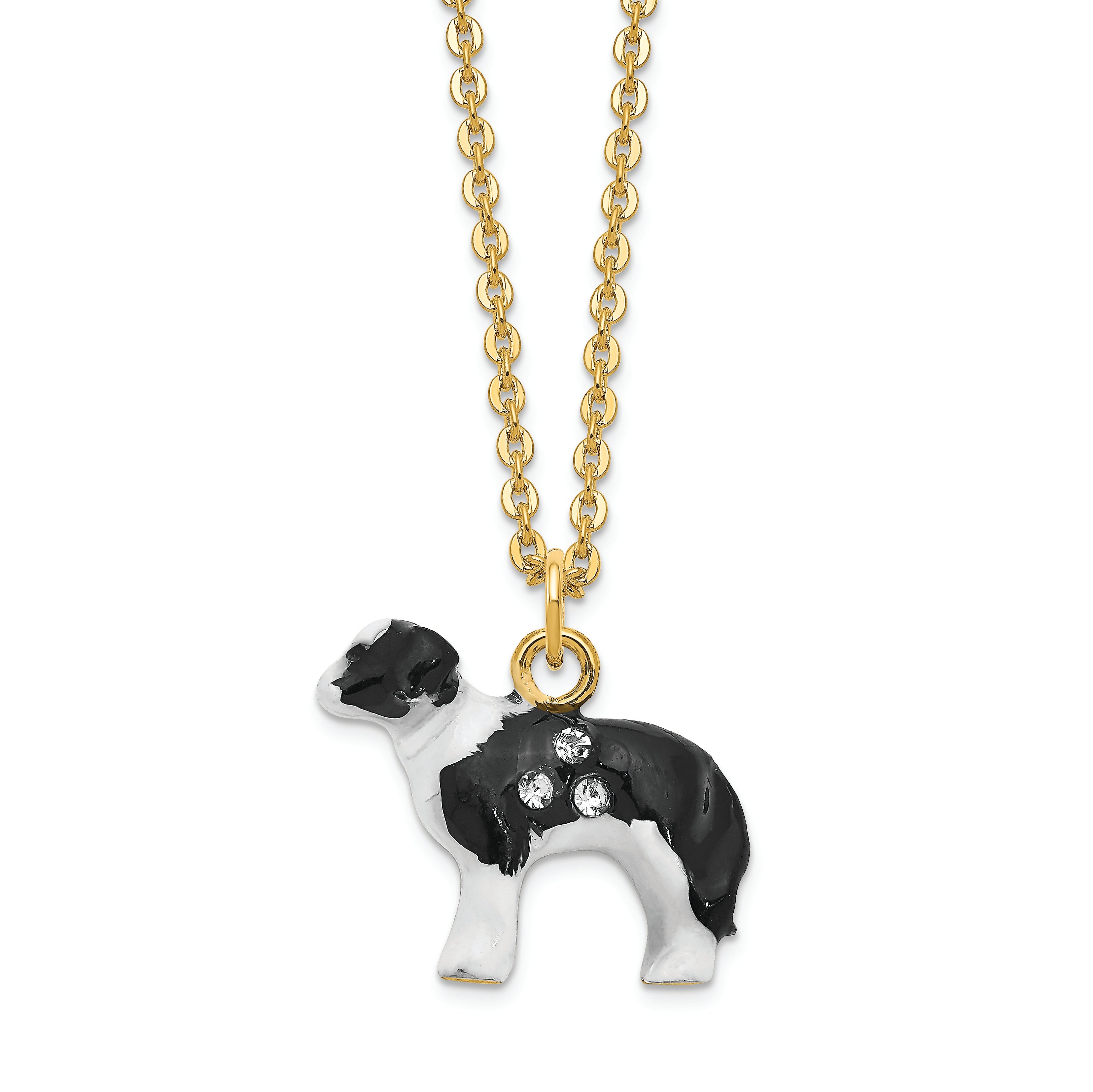 Luxury Giftware Pewter Bejeweled Crystals Gold-tone Enameled BRUNO Border Collie Trinket Box with Matching 18 Inch Necklace