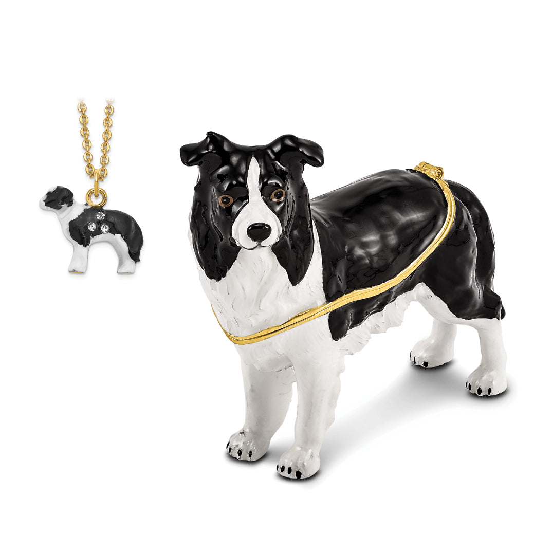 Luxury Giftware Pewter Bejeweled Crystals Gold-tone Enameled BRUNO Border Collie Trinket Box with Matching 18 Inch Necklace