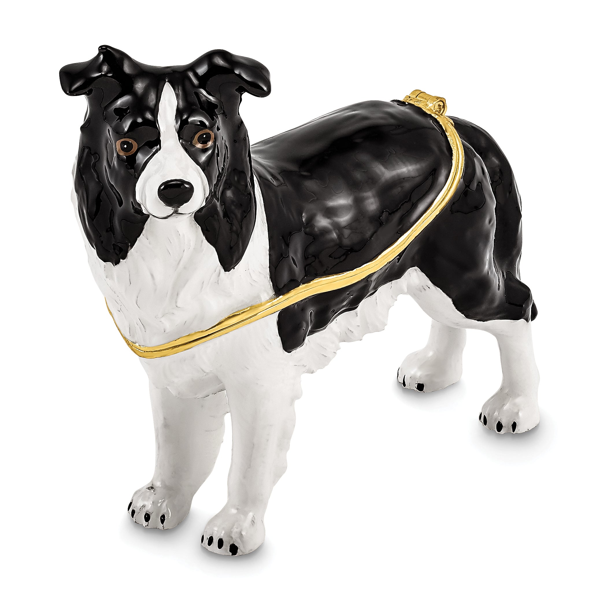 Luxury Giftware Pewter Bejeweled Crystals Gold-tone Enameled BRUNO Border Collie Trinket Box with Matching 18 Inch Necklace