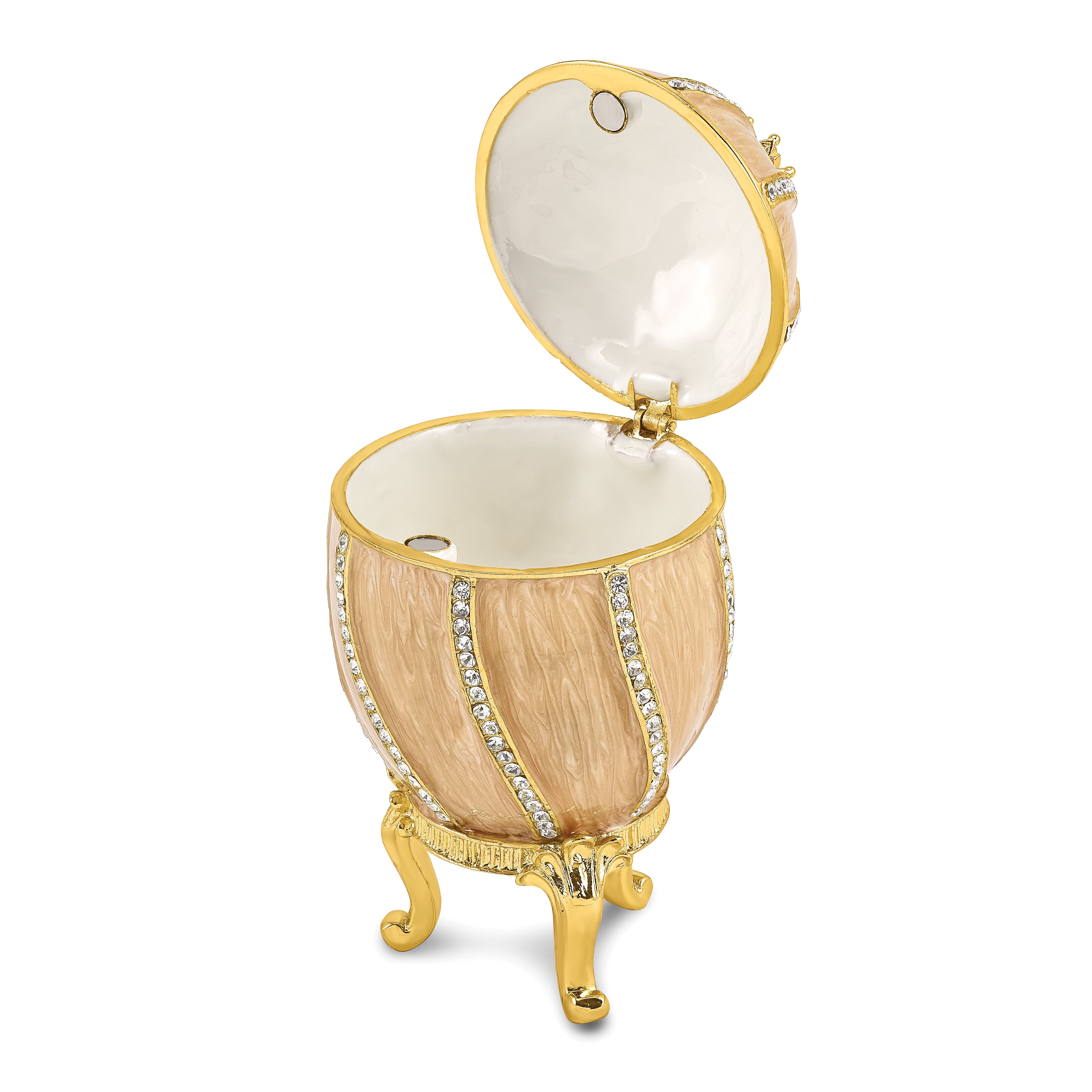 Luxury Giftware Pewter Bejeweled Crystals Gold-tone Enameled CAPTIVATING CROWN Champagne Egg Trinket Box with Matching 18 Inch Necklace