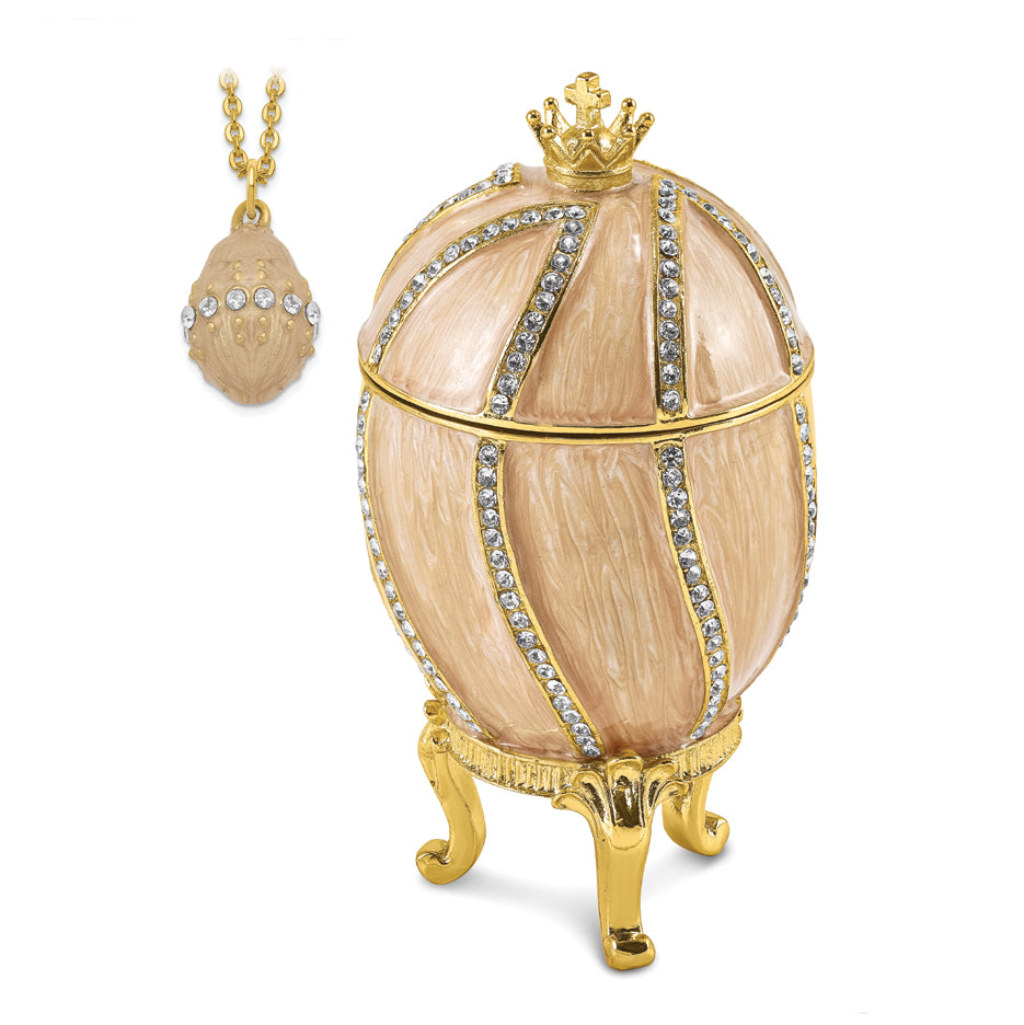 Luxury Giftware Pewter Bejeweled Crystals Gold-tone Enameled CAPTIVATING CROWN Champagne Egg Trinket Box with Matching 18 Inch Necklace