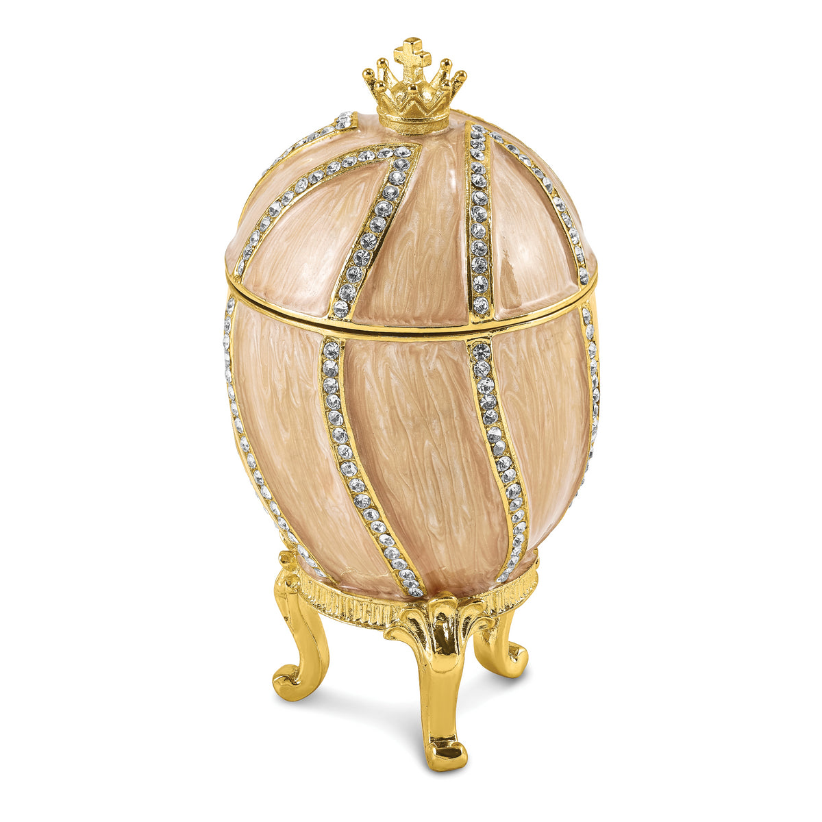 Luxury Giftware Pewter Bejeweled Crystals Gold-tone Enameled CAPTIVATING CROWN Champagne Egg Trinket Box with Matching 18 Inch Necklace