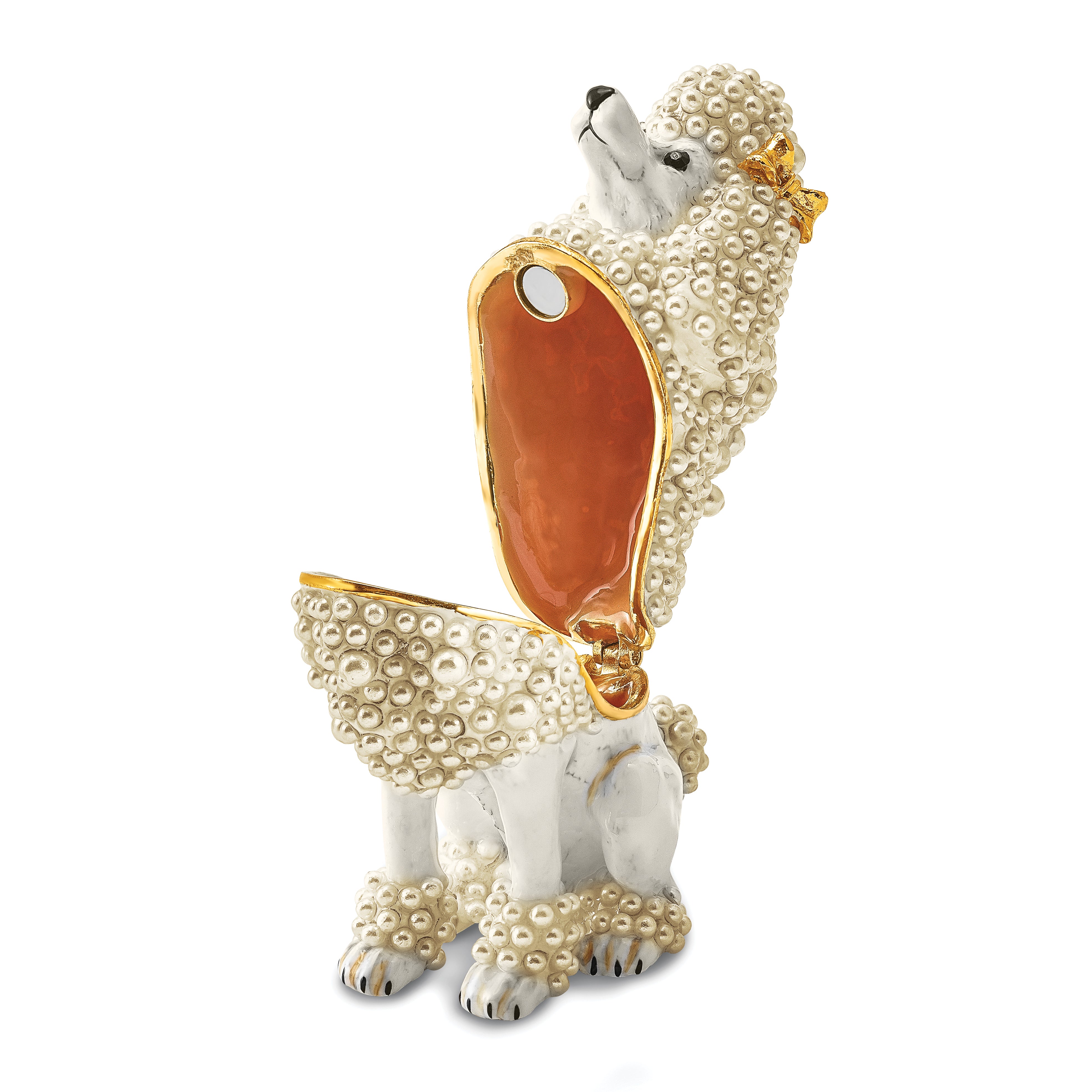 Luxury Giftware Pewter Bejeweled Imitation Pearls and Crystals Gold-tone Enameled FIFI French Poodle Trinket Box with Matching 18 Inch Necklace