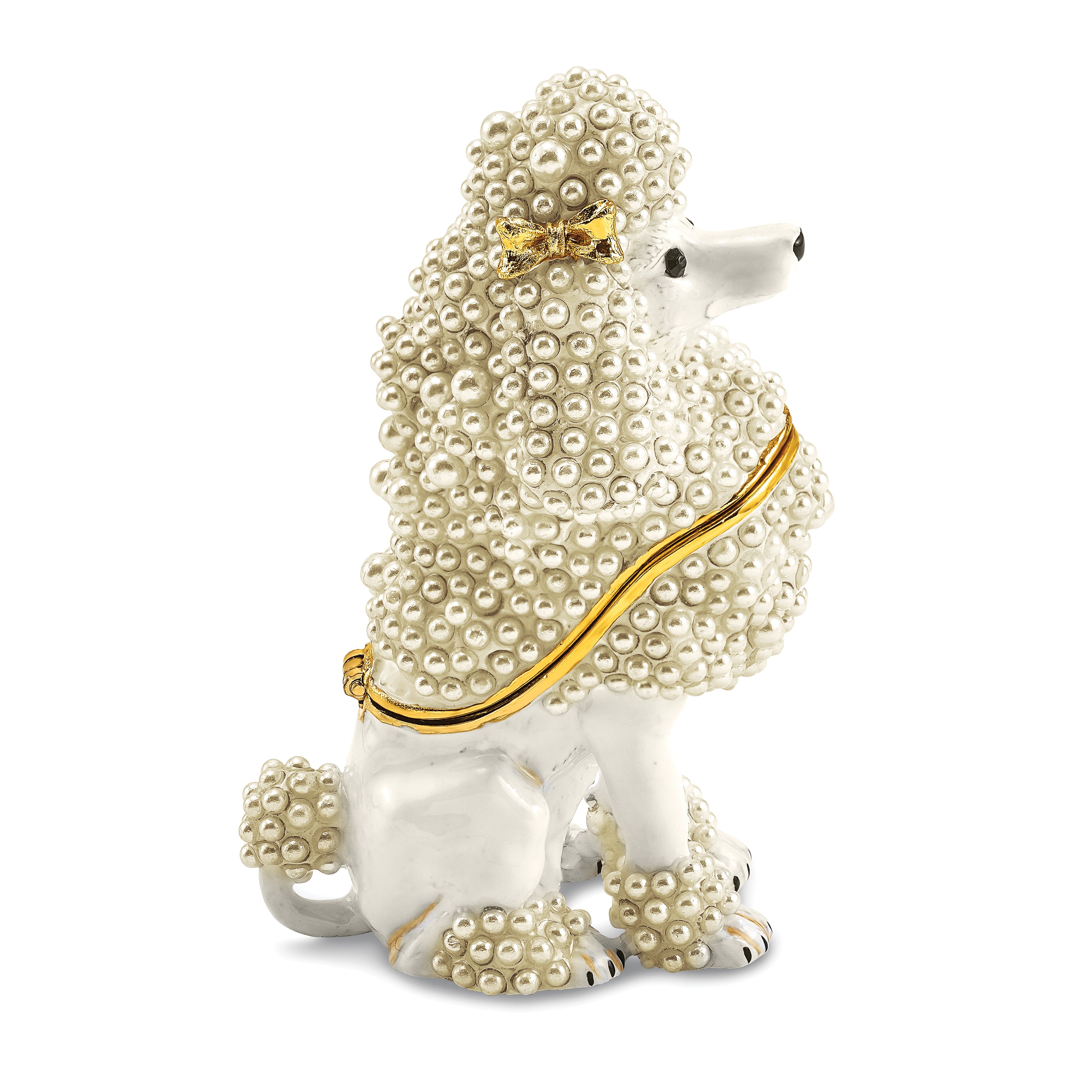 Luxury Giftware Pewter Bejeweled Imitation Pearls and Crystals Gold-tone Enameled FIFI French Poodle Trinket Box with Matching 18 Inch Necklace