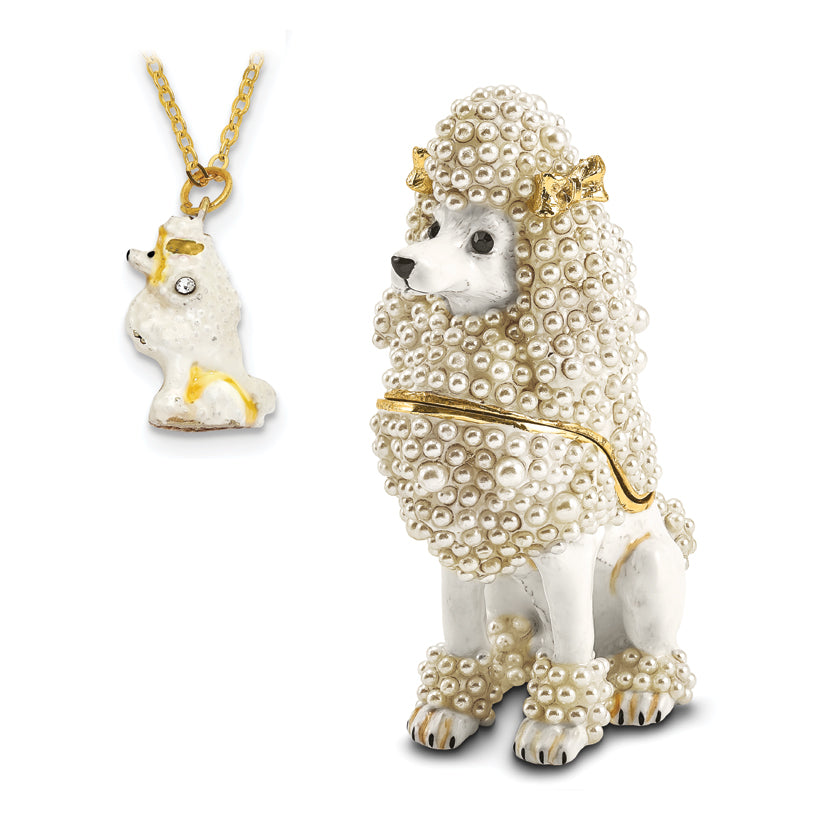 Luxury Giftware Pewter Bejeweled Imitation Pearls and Crystals Gold-tone Enameled FIFI French Poodle Trinket Box with Matching 18 Inch Necklace