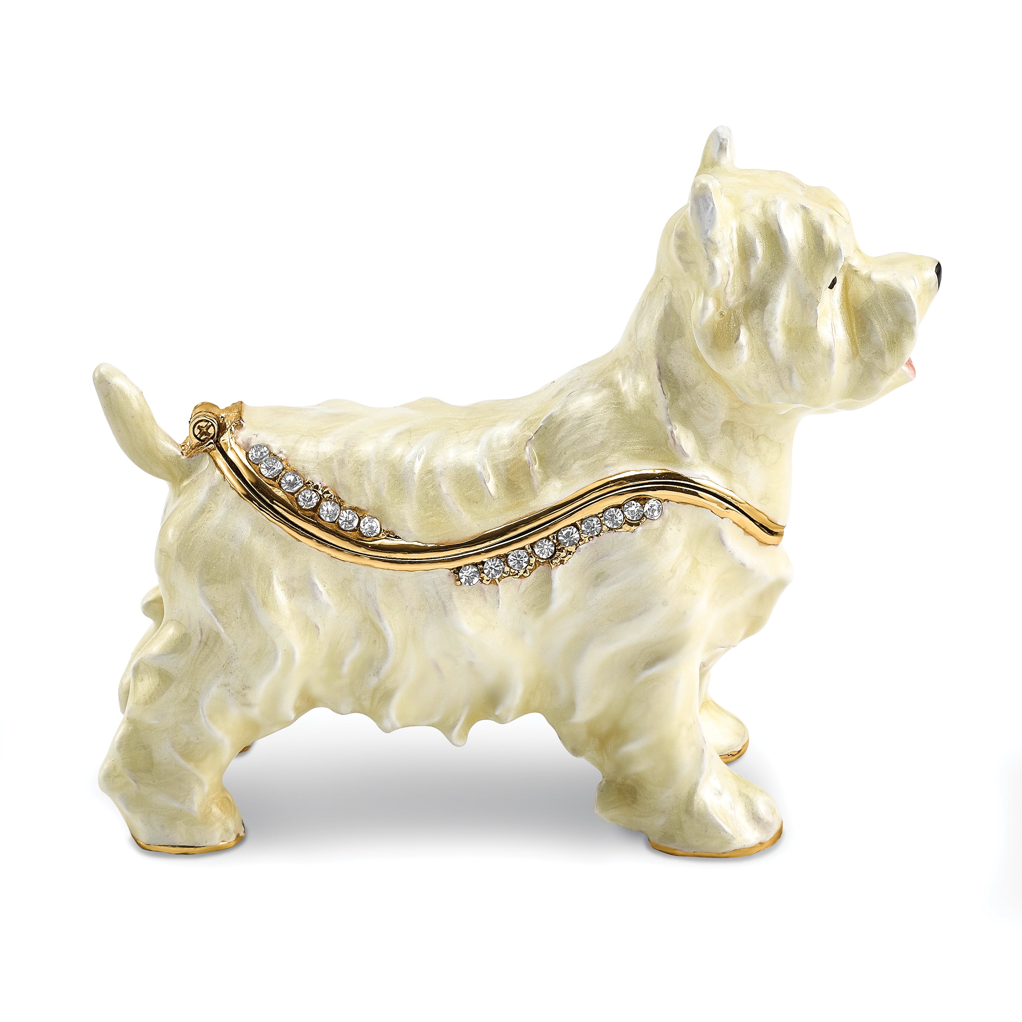 Luxury Giftware Pewter Bejeweled Crystals Gold-tone Enameled WESTIE West Highland White Terrier Trinket Box with Matching 18 Inch Necklace