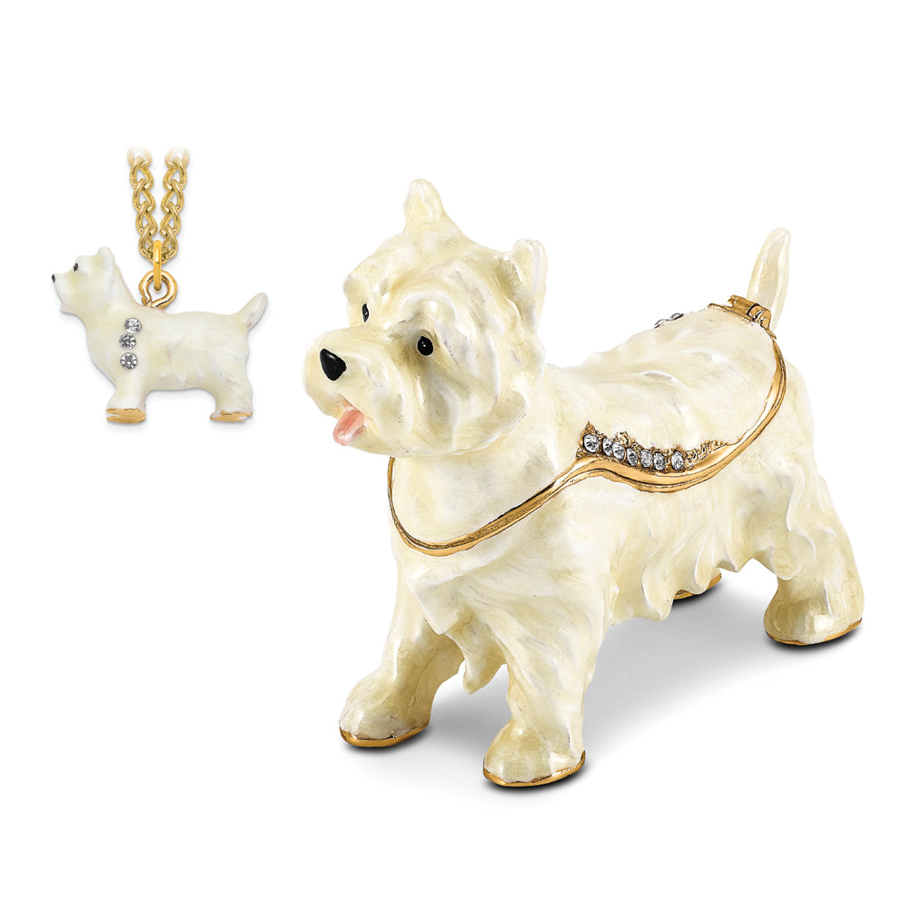 Luxury Giftware Pewter Bejeweled Crystals Gold-tone Enameled WESTIE West Highland White Terrier Trinket Box with Matching 18 Inch Necklace