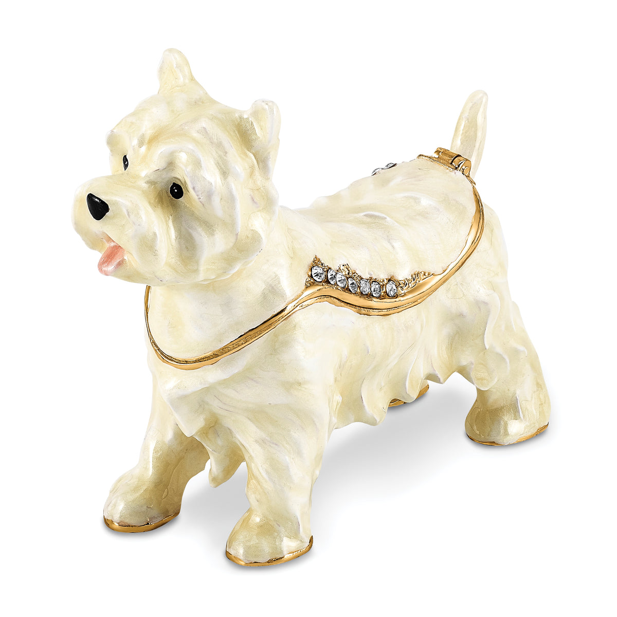 Luxury Giftware Pewter Bejeweled Crystals Gold-tone Enameled WESTIE West Highland White Terrier Trinket Box with Matching 18 Inch Necklace