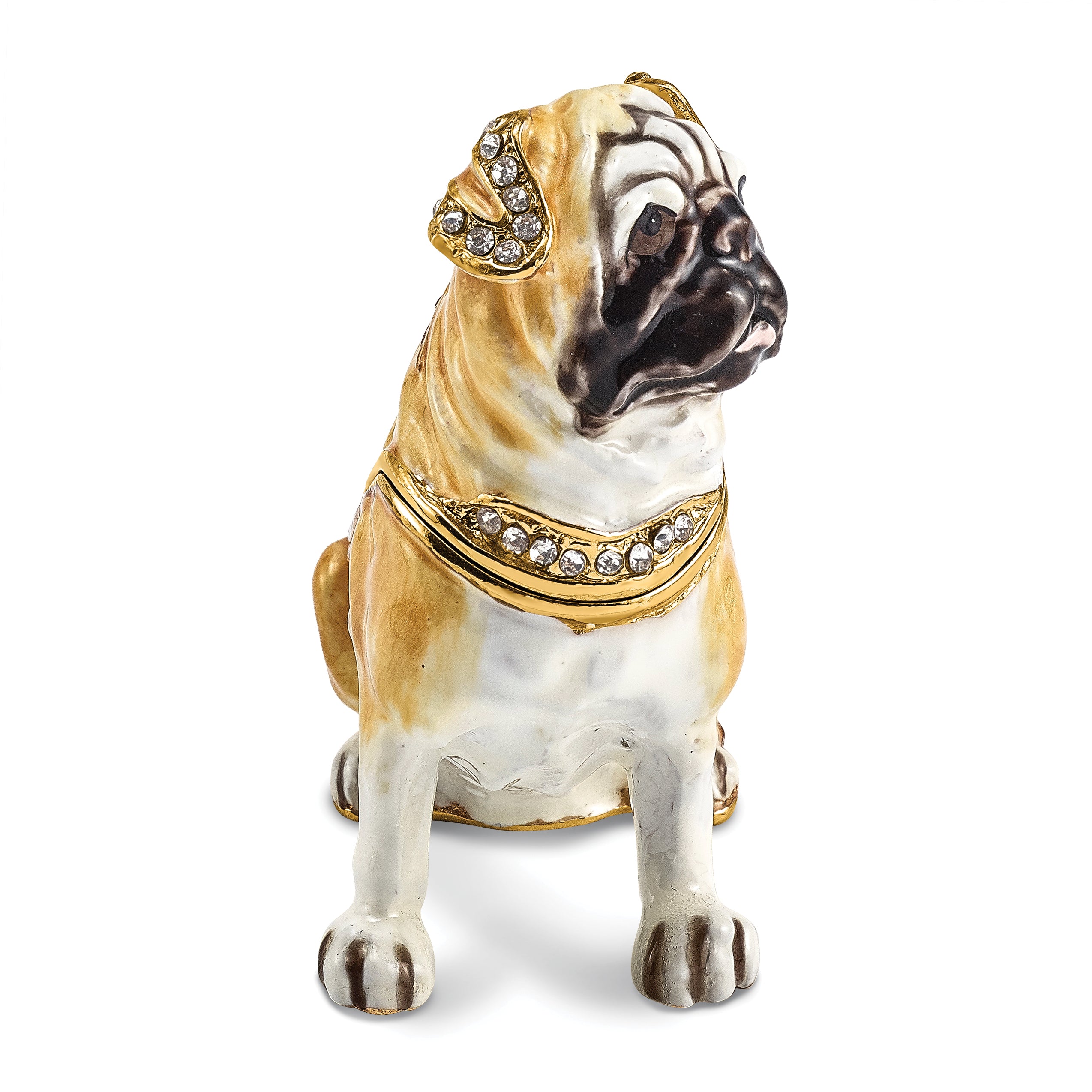 Luxury Giftware Pewter Bejeweled Crystals Gold-tone Enameled WEDNESDAY Pug Trinket Box with Matching 18 Inch Necklace